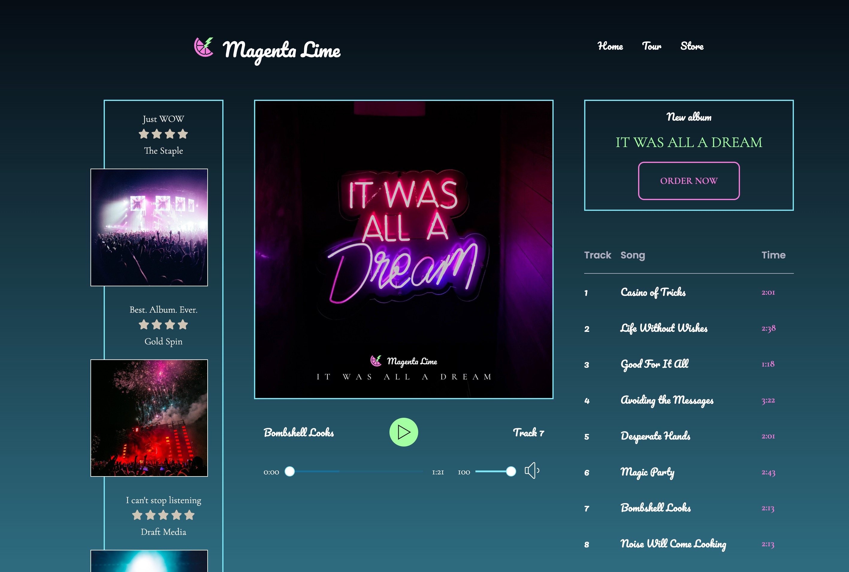 Magenta Lime layout, featuring albums, reviews, a playlist, and an audio interface.