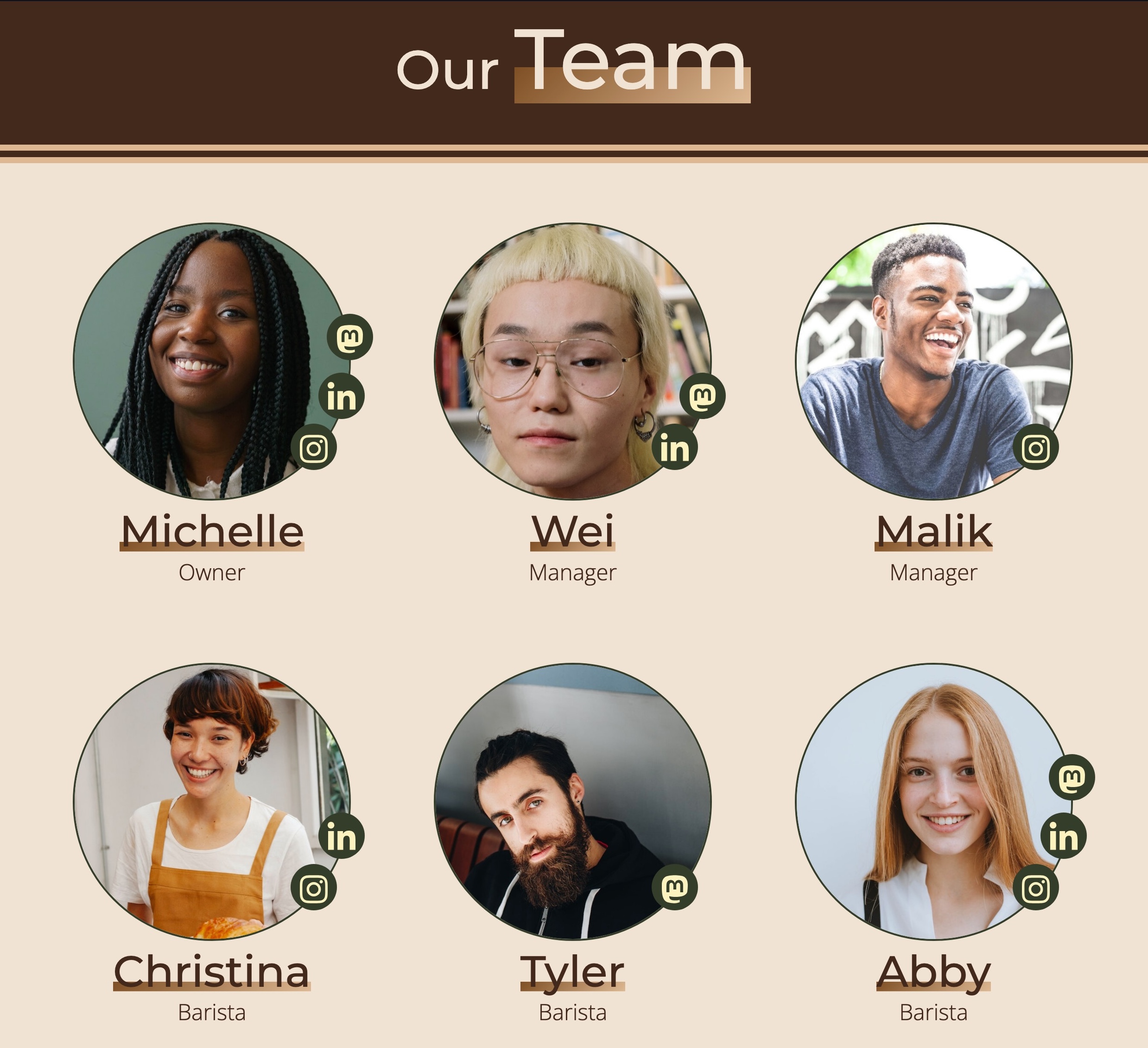 Our Team page featuring 6 images of people in 2 rows with social media icons overlapping each image.